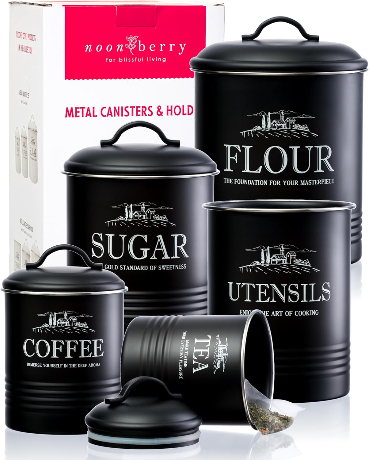 Coffee Tea Sugar Canisters - 5-Piece Airtight Kitchen Canister Set with