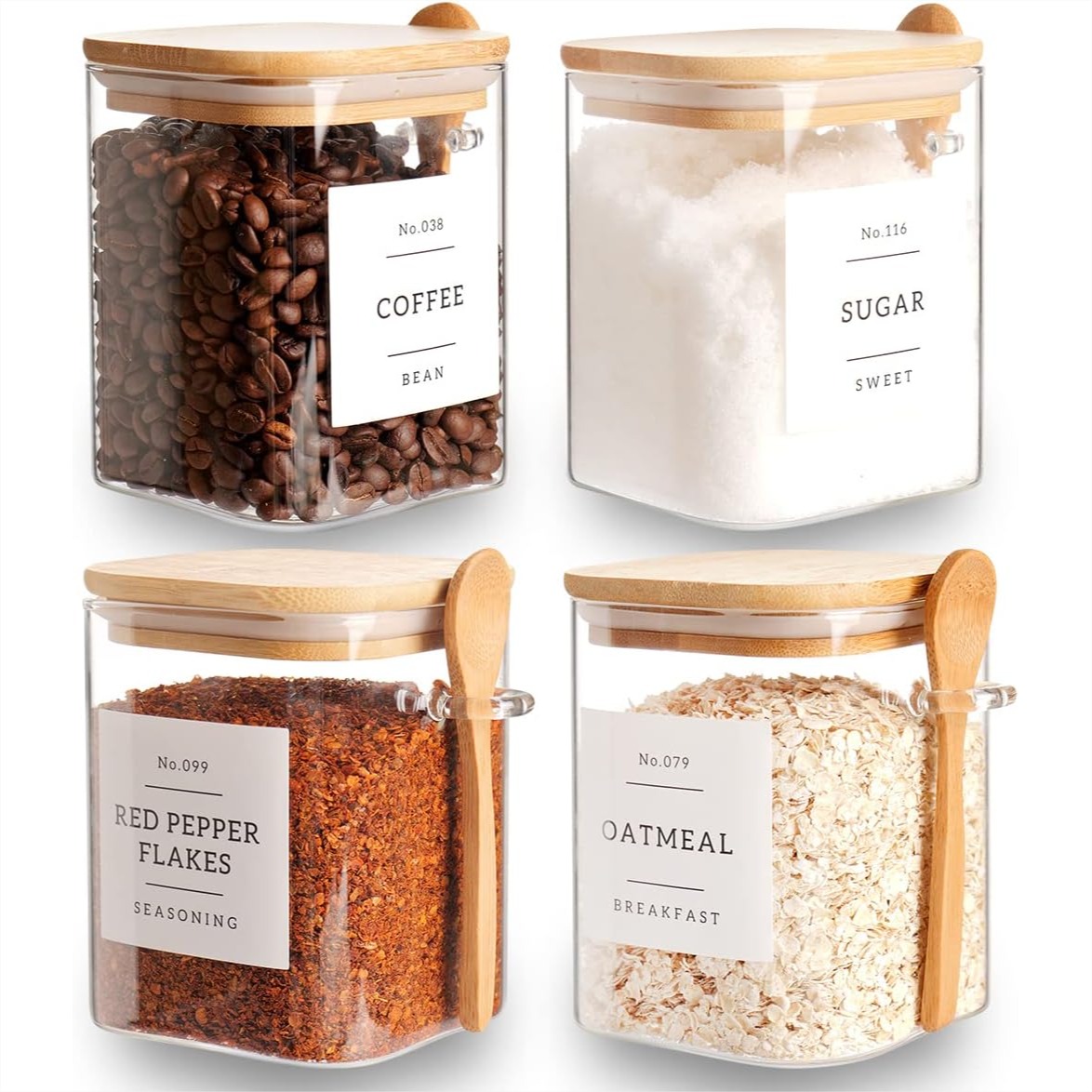 Coffee Tea Sugar Container Set - Airtight 27 oz Borosilicate Glass Food