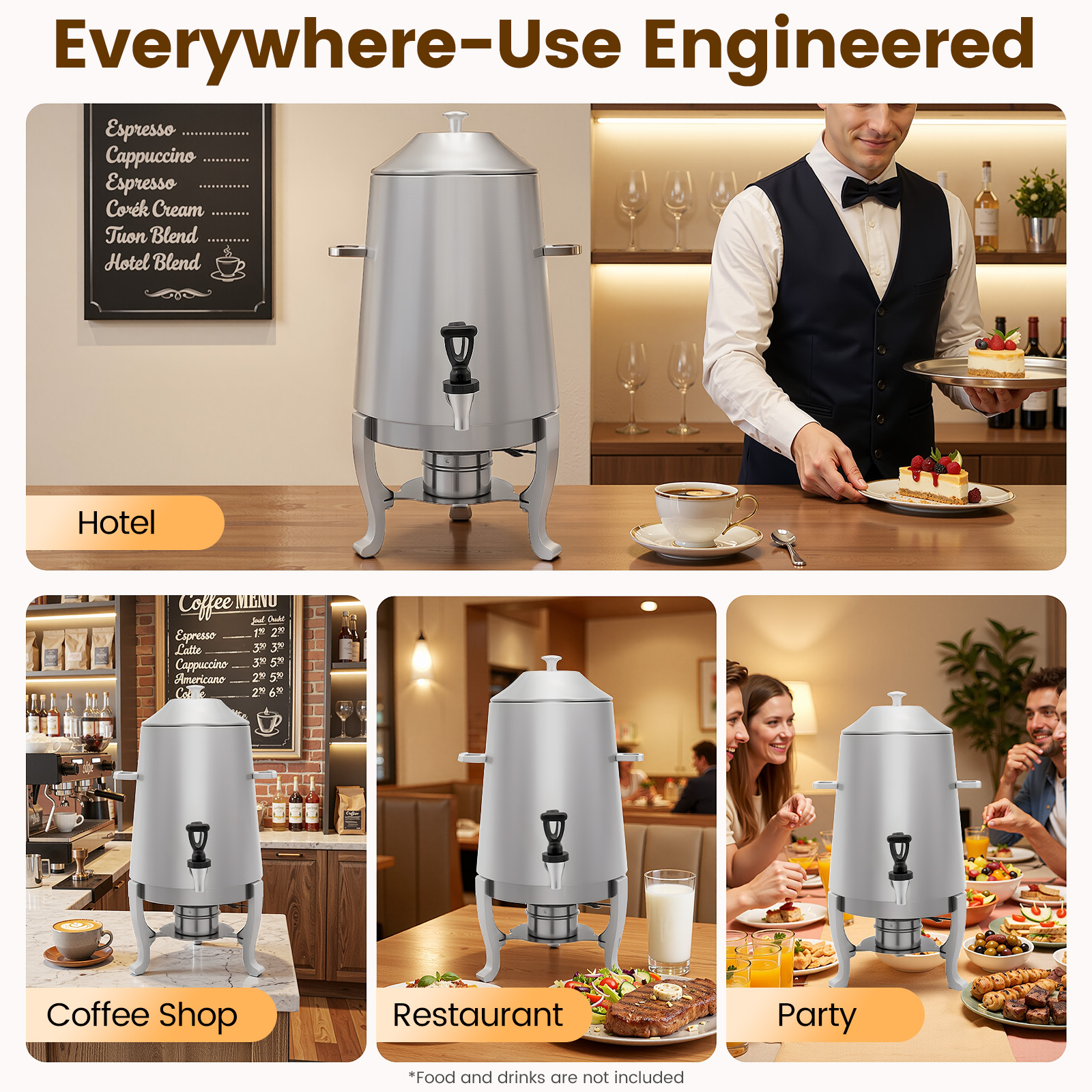 Coffee Tea Urn - 13L Hot Beverage Dispenser, Stainless Steel